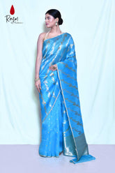 Blue Pure Kora Organza Banarasi Handloom Silk Saree With Modern Contemporary Body In Gold And Silver Zari And Meenakari Work